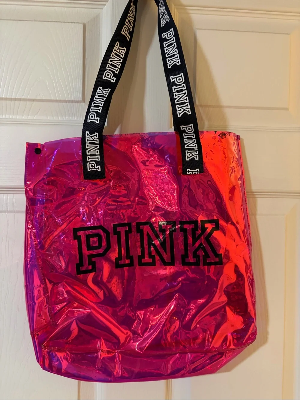 PINK Victoria's Secret Iridescent Hot Pink Tote with Black Straps